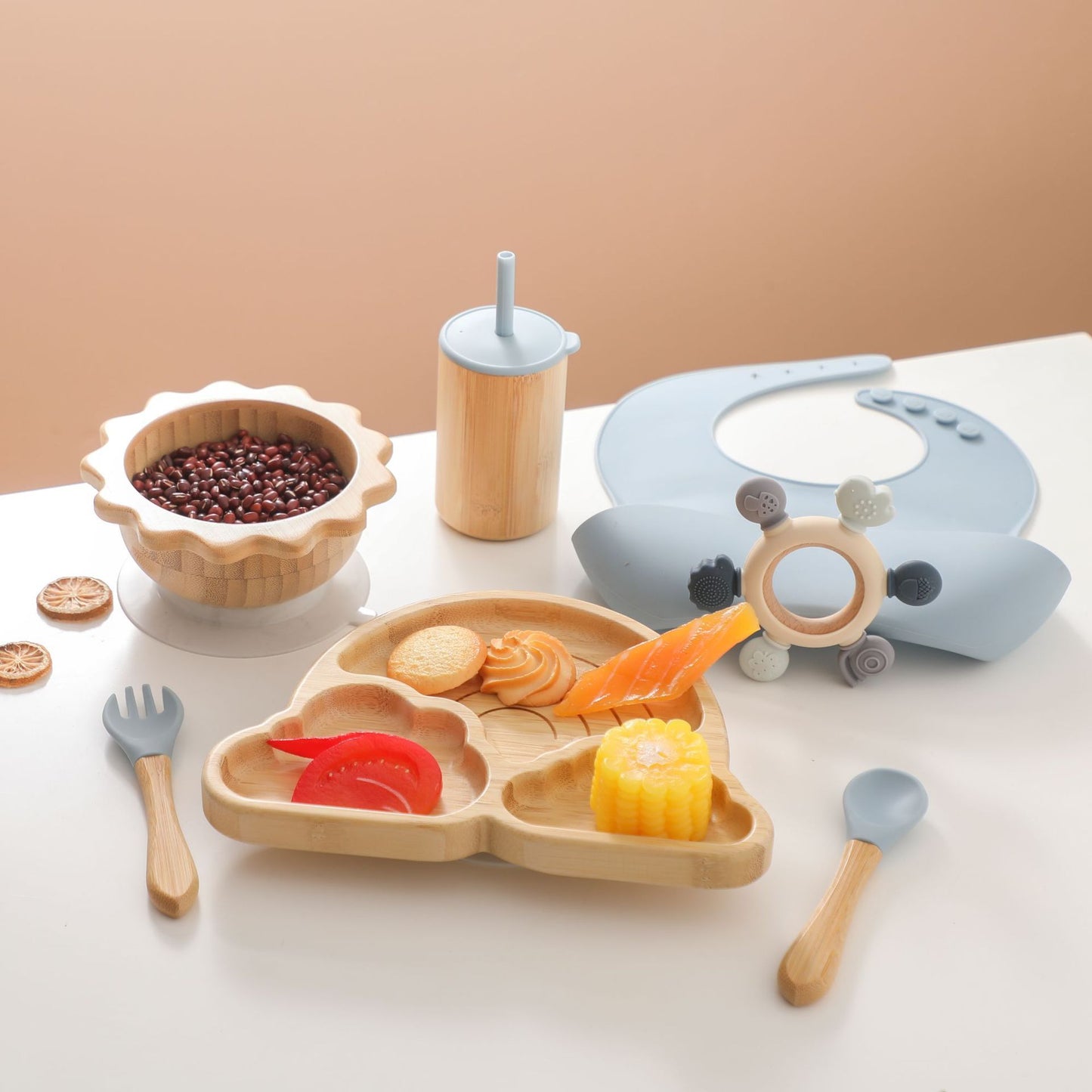 Nordic Style Baby Bamboo and silicon Tableware Suit Combination Spork