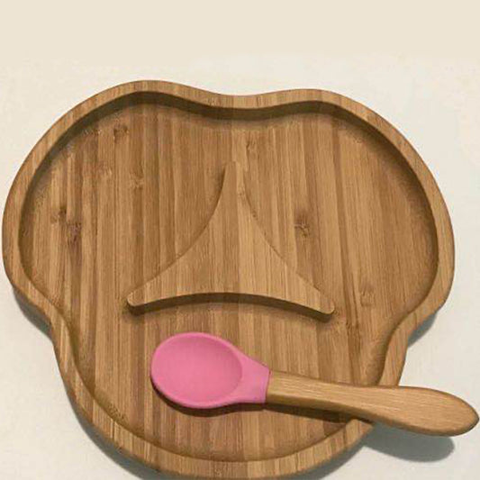 Baby Sucker Bowl Bamboo Cartoon Children'S Disk With Suction Cup Silicone Spoon Set Children'S Dinner Plate Bamboo Children'S Bowl